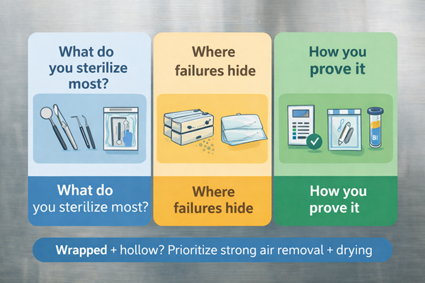 Decision cards showing dental instrument load types, common sterilization risks, and how sterilization is verified